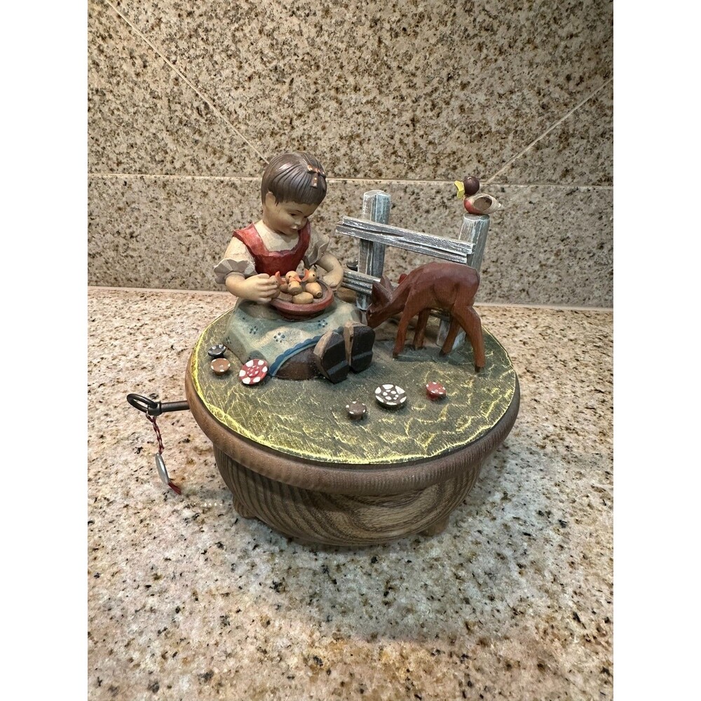 Anri Thorens Music Box Hand Carved Wooden - Girl,Chicks - Hi Lilli Hilo- 6" Tall